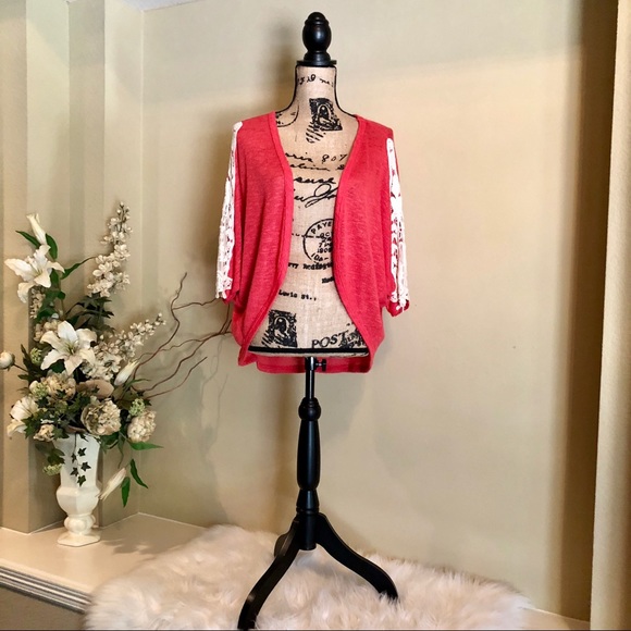 ~OnTwelfth~ pink cardigan with lace on sleeves. - Picture 2 of 5